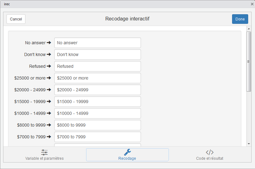 L'interface graphique de Levels recoding